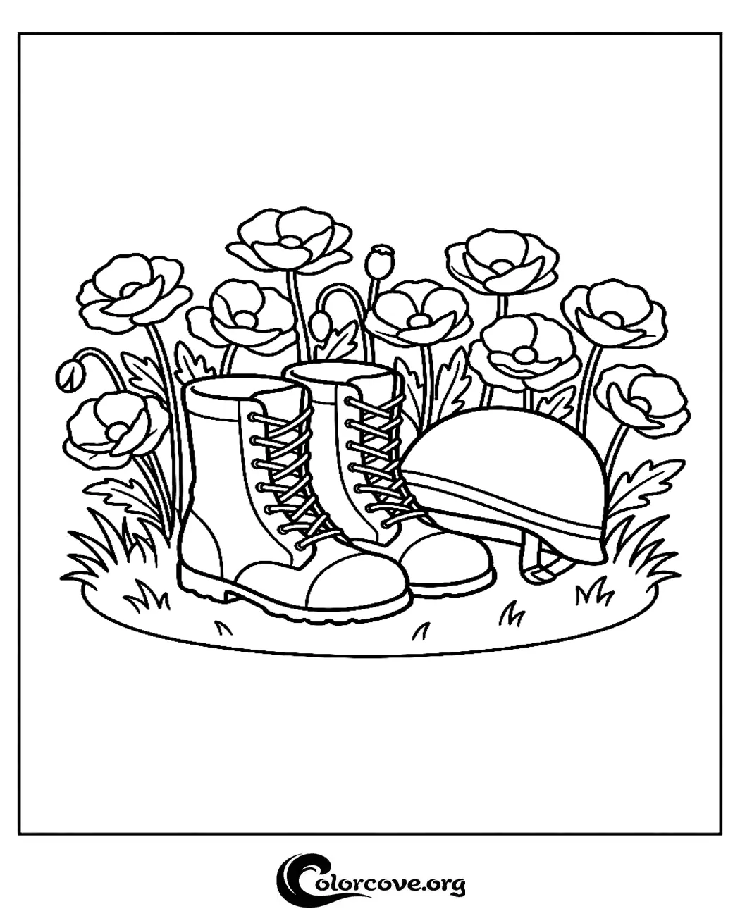 Honor our veterans with this meaningful Remembrance Day coloring page. This printable sheet features military boots and a helmet resting among beautiful poppy flowers, perfect for classroom or home activities.