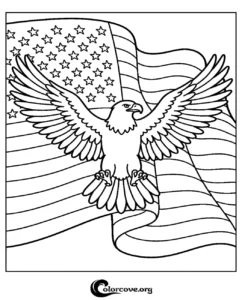 A majestic American bald eagle flying in front of an American flag for kids to color