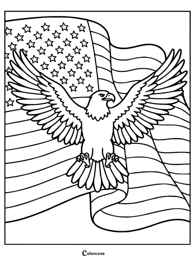 A majestic bald eagle with wings spread wide in front of a large waving American flag on a printable coloring page.