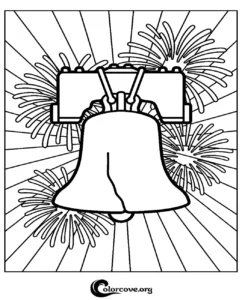 A printable Liberty Bell coloring page featuring a patriotic firework background for Independence Day and American history lessons.