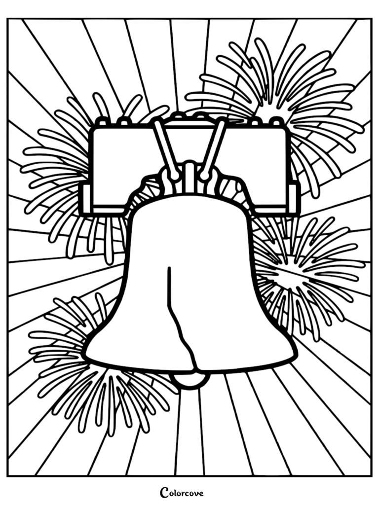 Liberty Bell with fireworks background Memorial Day coloring page