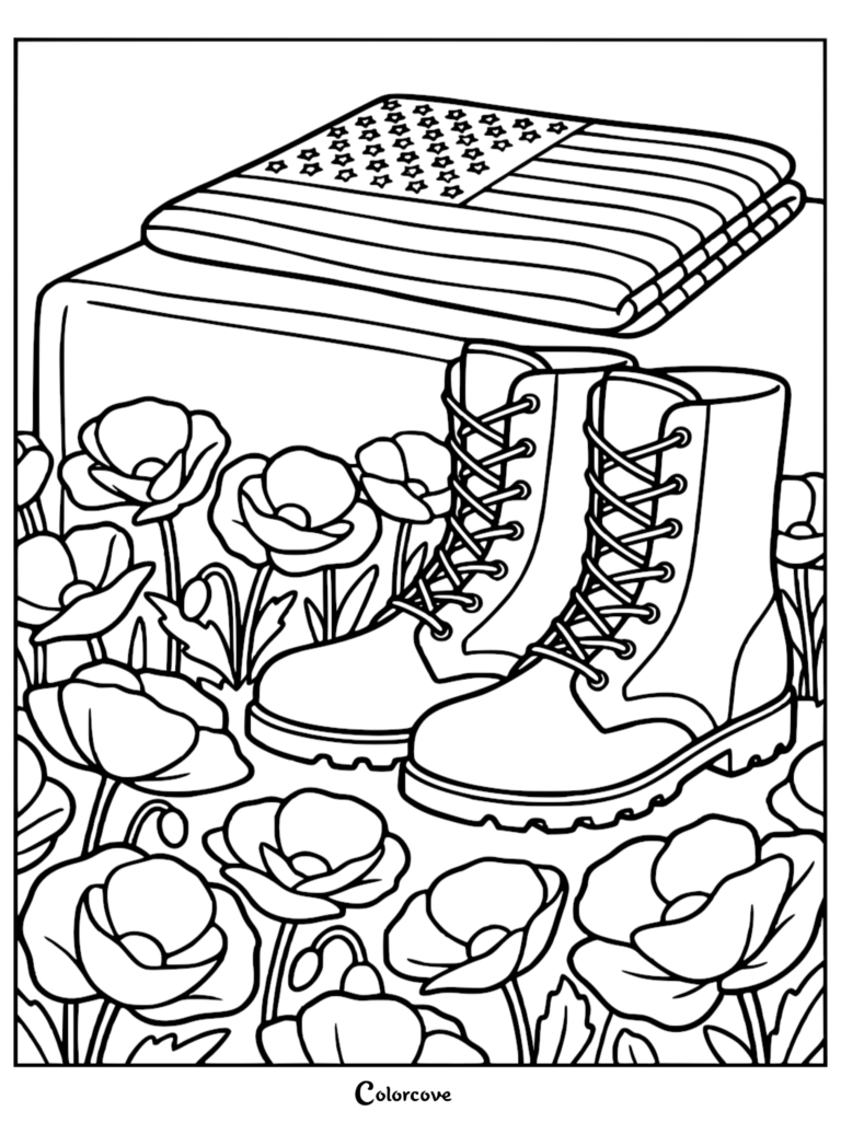 A Memorial Day coloring page featuring a pair of military boots resting in a field of poppies with a folded American flag in the background.