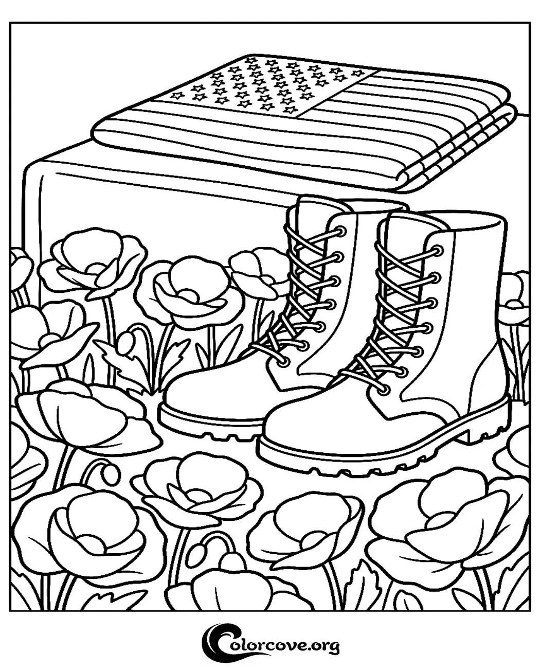 Honor our heroes with this poignant Memorial Day coloring page featuring soldier boots, a folded American flag, and field poppies. Download and print this patriotic tribute for free in seconds.