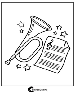 A printable coloring page featuring a brass trumpet, musical staff sheet music, and decorative stars for children to color.