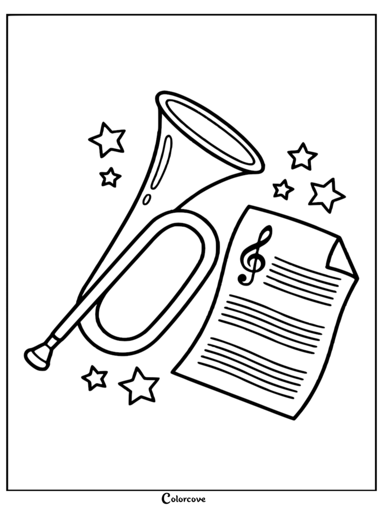A printable Memorial Day coloring page featuring a military bugle and sheet music surrounded by decorative stars.