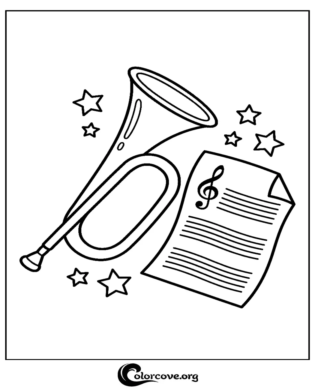 Celebrate music with this fun trumpet and sheet music coloring page. Perfect for students and music lovers, this printable sheet is easy to download and color in seconds.