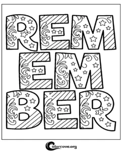 A printable word art coloring page featuring the word Remember decorated with stars, swirls, and patterns for kids and adults.