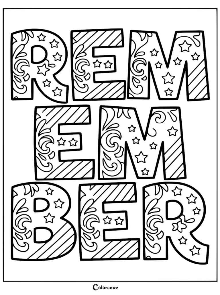 Memorial Day coloring page featuring the word REMEMBER decorated with stars and swirls in a free printable format.