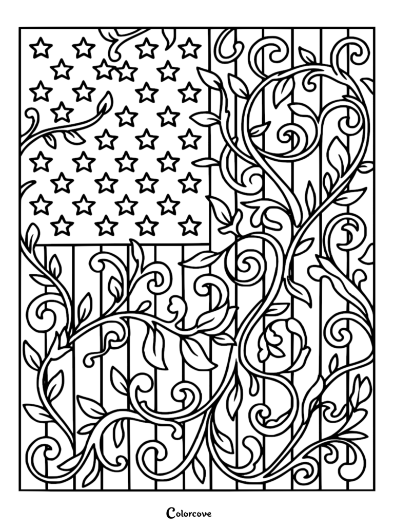 Memorial Day coloring page featuring an American flag design intertwined with elegant floral vine patterns and stars.
