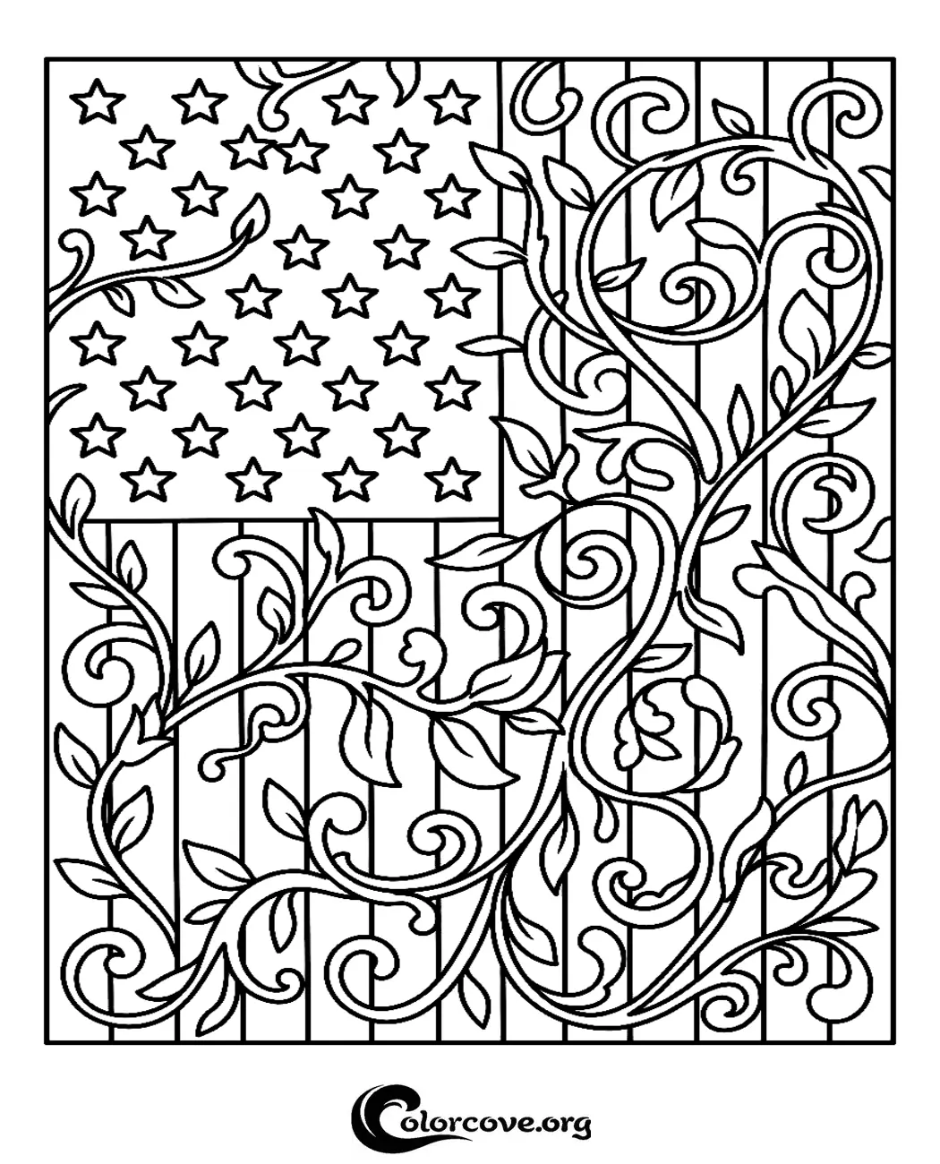 Celebrate patriotism with this unique floral American flag coloring page. This intricate, printable design combines traditional flag elements with elegant botanical illustrations for a creative coloring experience.
