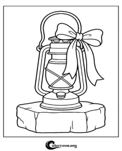 A vintage kerosene lantern decorated with a festive ribbon bow sitting on a stone base, ready to print and color.