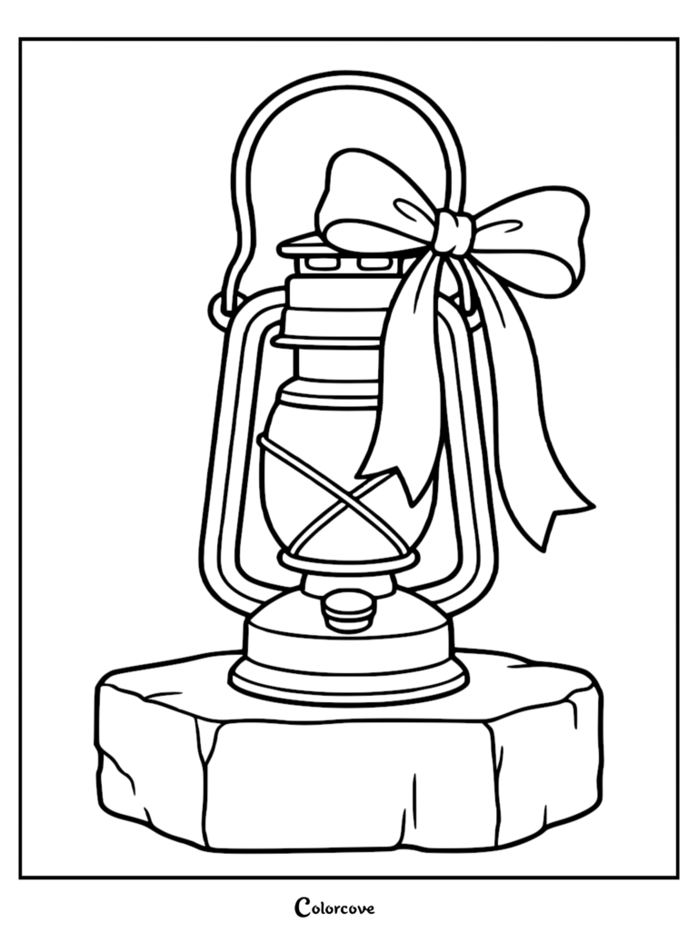 A Memorial Day coloring page featuring a vintage lantern resting on a stone base, decorated with a large decorative bow.