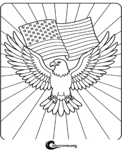 A detailed coloring page featuring a majestic bald eagle with wings spread in front of a waving American flag with a sunburst background.
