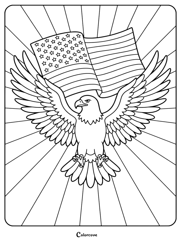 A majestic bald eagle with wings spread wide in front of a waving American flag and sunburst background on this printable Memorial Day coloring page.