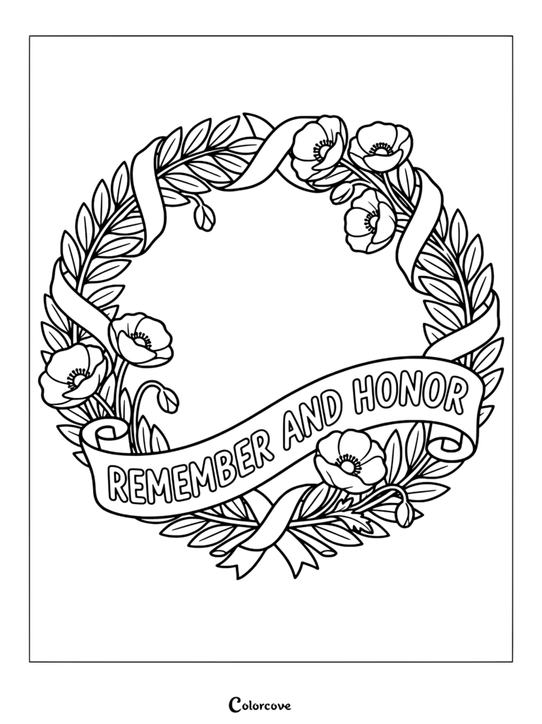 A printable Memorial Day coloring page featuring a laurel wreath decorated with poppies and a banner that reads Remember and Honor.