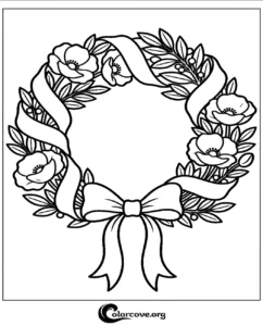 A beautiful floral wreath with poppy flowers, greenery, and a decorative ribbon for a relaxing coloring page.