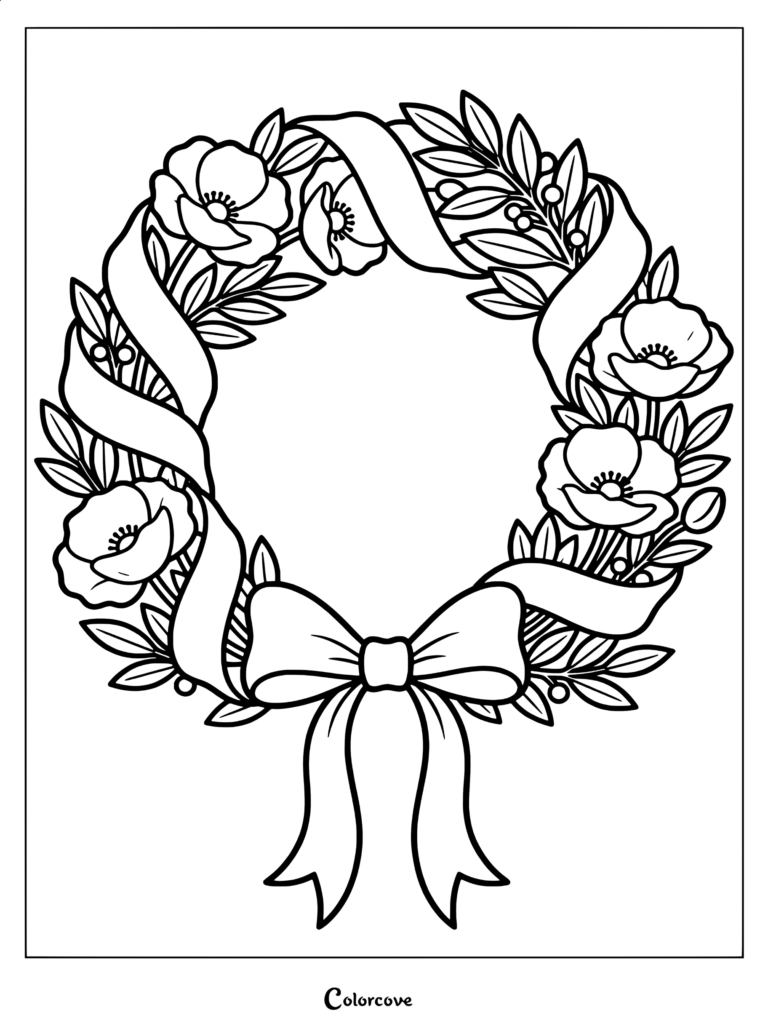 A Memorial Day coloring page featuring a decorative wreath made of poppies, leaves, and a flowing ribbon with a bow.