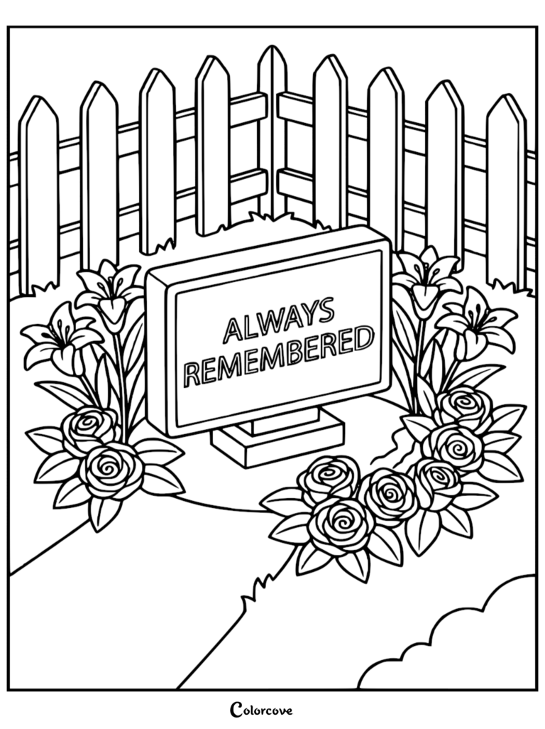 Memorial Day coloring page featuring a grave marker with the text Always Remembered surrounded by lilies and roses in front of a picket fence.