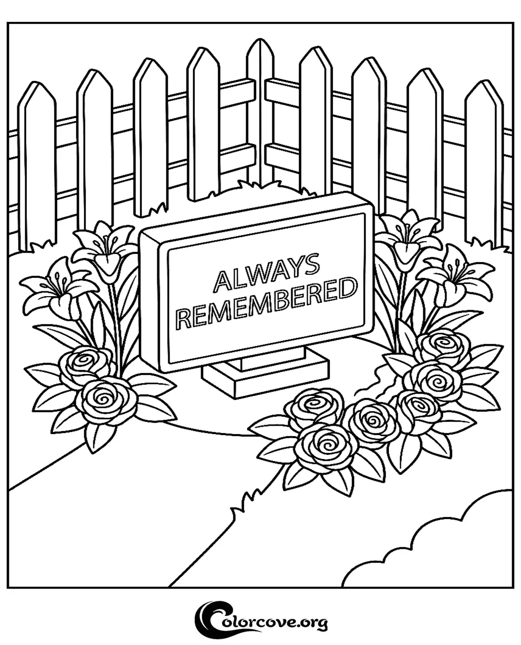 Honor a loved one with this thoughtful 'Always Remembered' memorial coloring page. Featuring a peaceful headstone surrounded by flowers, this printable is perfect for quiet reflection or bereavement activities.