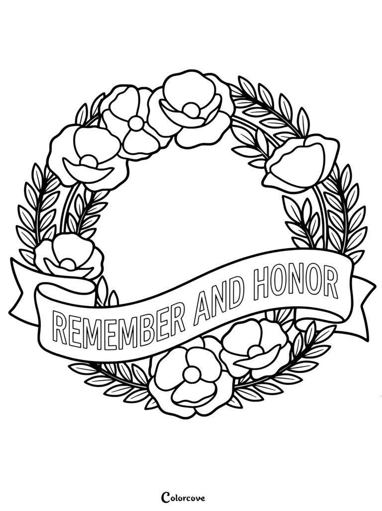Memorial Day coloring page featuring a floral wreath of poppies with a banner that reads Remember and Honor.