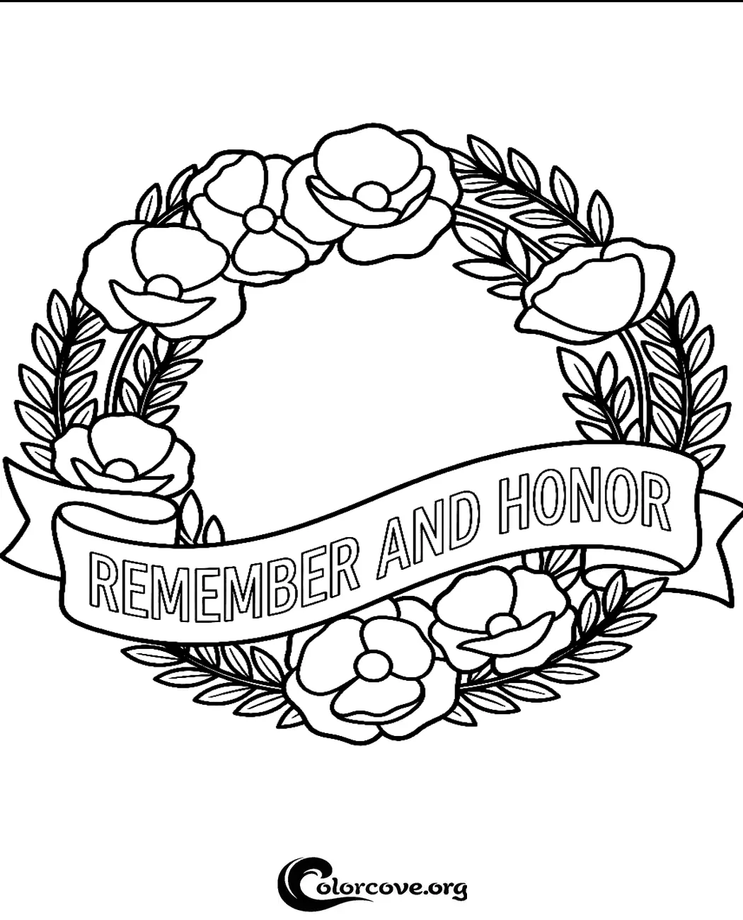 Honor those who served with this meaningful poppy wreath coloring page featuring the words Remember and Honor. Download and print this tribute design in seconds for educational or commemorative projects.