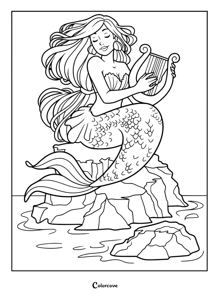 A beautiful mermaid with long flowing hair sitting on a jagged rock in the ocean playing a small harp, printable coloring page.