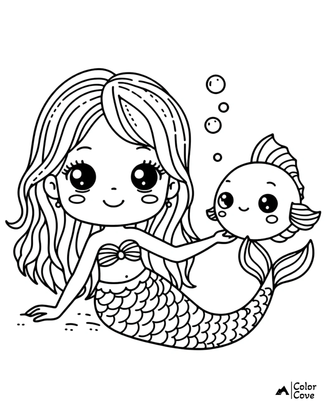 Cute mermaid coloring page with fish friend, bubble details, ocean-themed artwork. Fun and engaging kids activity.