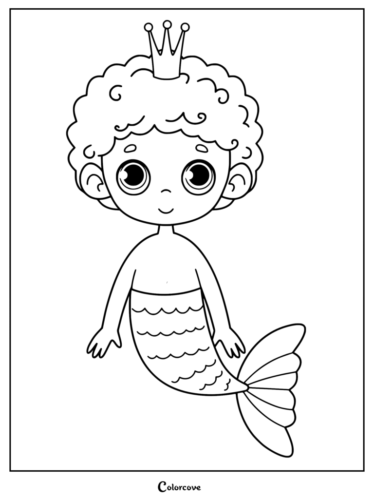 A printable coloring page featuring a young merman with curly hair wearing a small crown and a scaly tail.