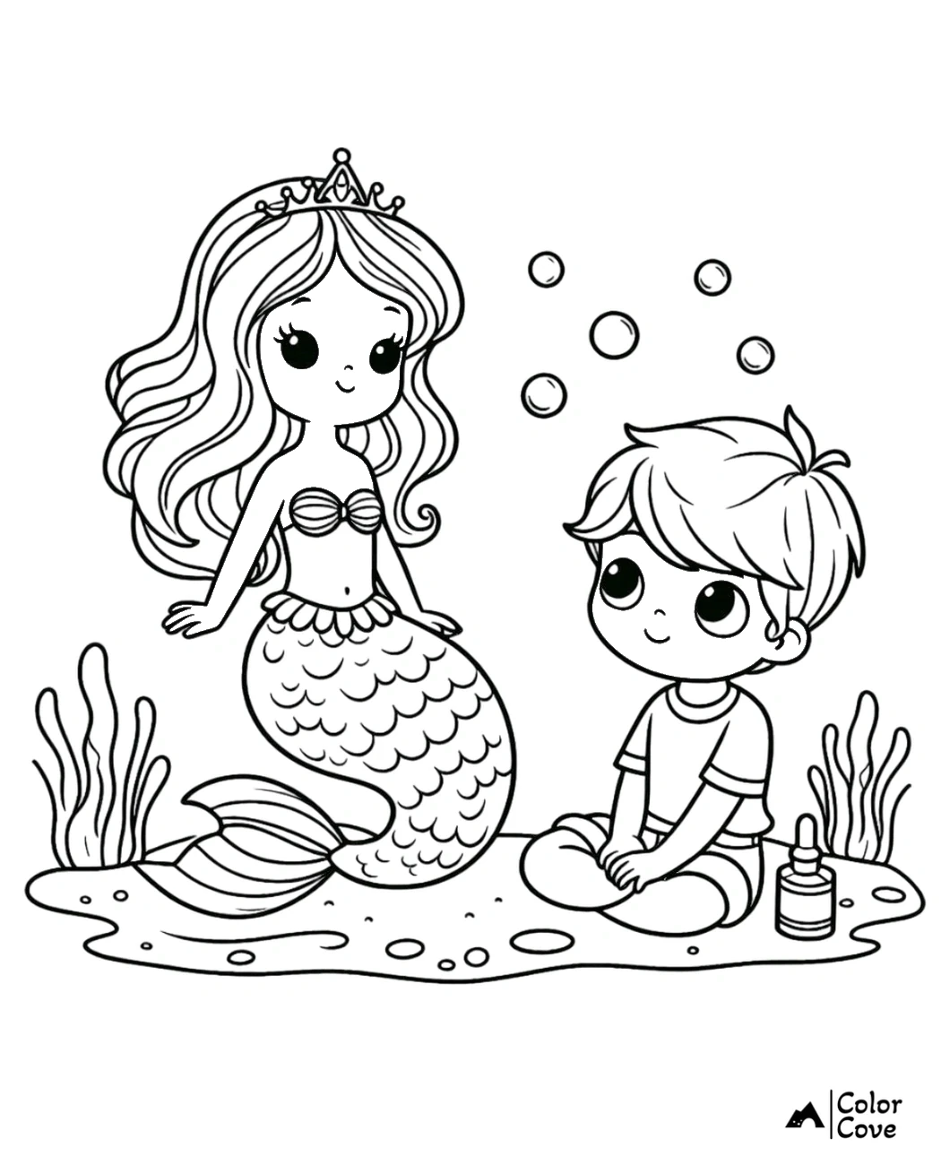 Coloring page of a cute mermaid with a crown and a little boy playing underwater amid seaweed and bubbles.