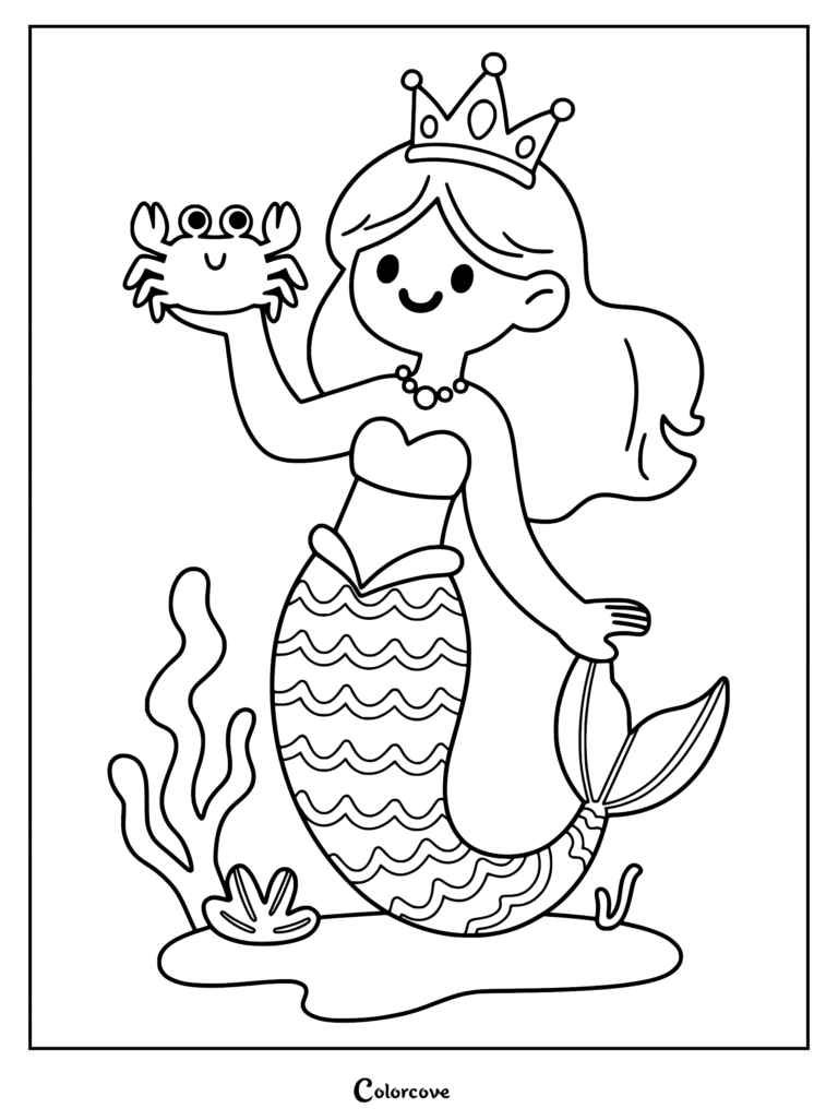A cute mermaid princess wearing a crown and necklace holding a smiling crab, coloring page line art.