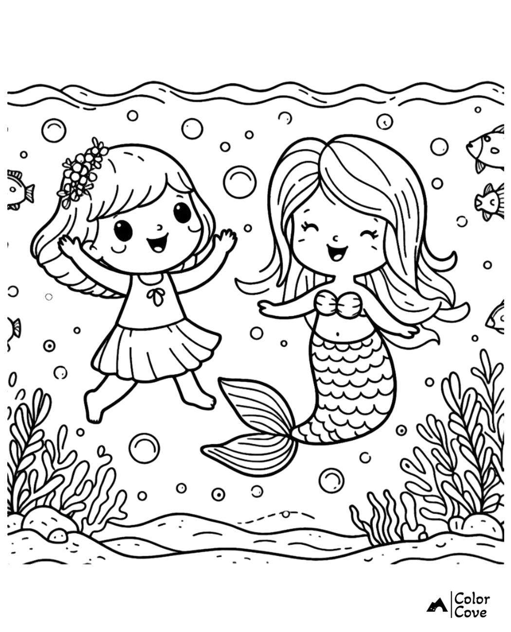 Coloring page of a smiling girl underwater with a mermaid, surrounded by fish, bubbles, and seaweed.