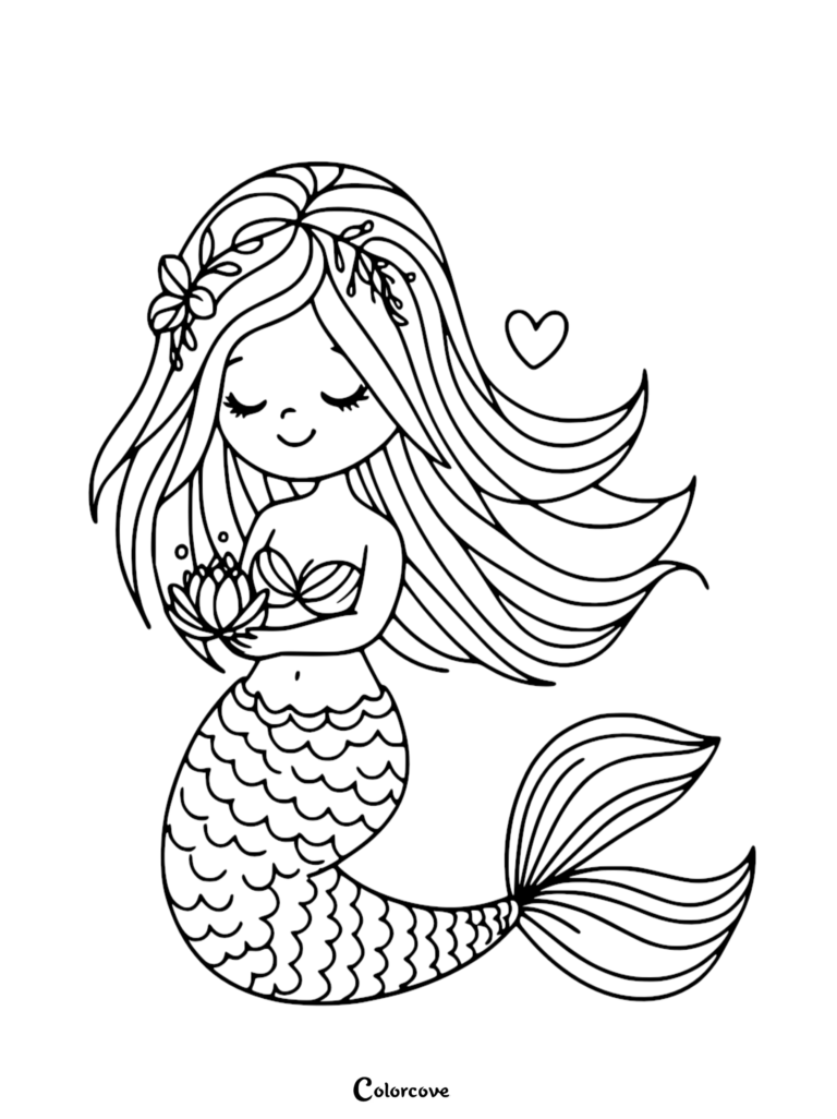 A cute mermaid with long flowing hair and a flower crown holding a lotus flower, featured in a printable coloring page.