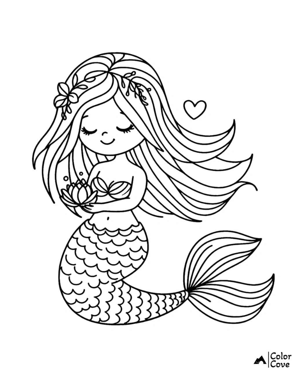 Mermaid coloring page for kids, featuring a smiling mermaid with long hair, holding a seashell and a floating heart nearby.