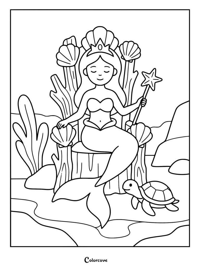 Mermaid queen wearing a crown and holding a star wand while sitting on a shell throne with a sea turtle, printable coloring page.