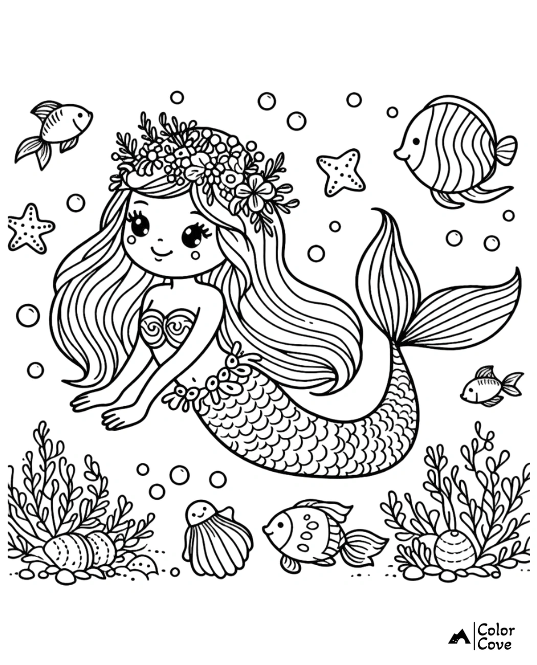 Cute mermaid coloring page with a flower crown, surrounded by fish, starfish, and underwater plants for kids to color.