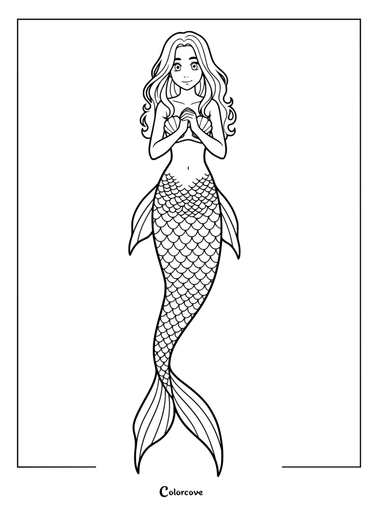 A line art coloring page featuring a beautiful mermaid with long wavy hair and a detailed scale tail.