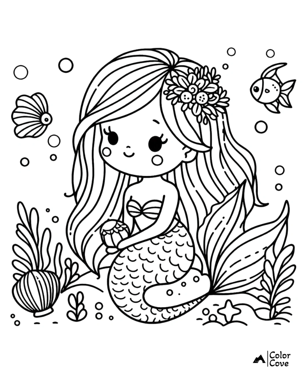 Cute mermaid coloring page with flowers in her hair, surrounded by fish, seashells, and underwater plants. Kids activity.