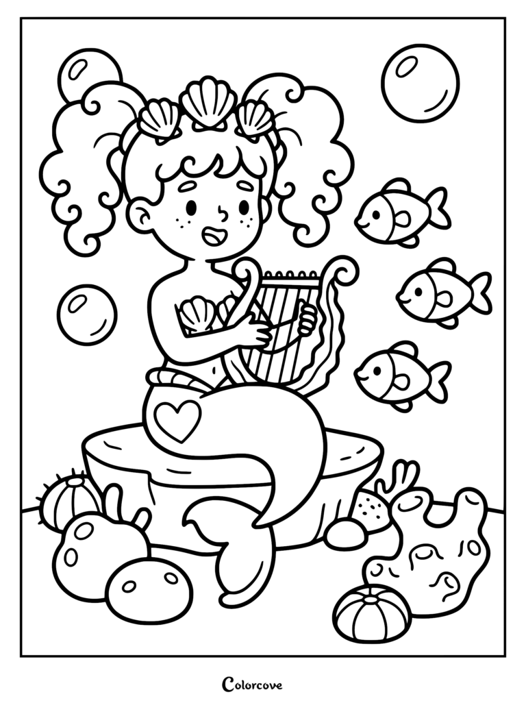 A cute mermaid with pigtails and a seashell crown playing a harp while sitting on a rock, surrounded by fish and bubbles in this printable coloring page.