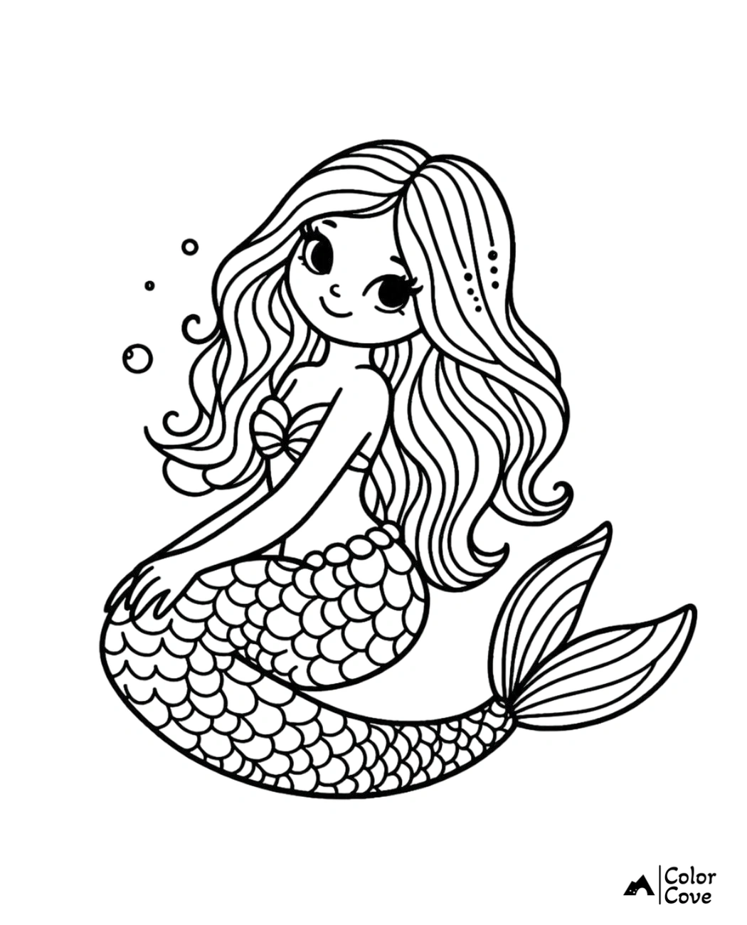 Detailed mermaid coloring page for kids featuring a cute smiling mermaid with long hair and a scaly tail