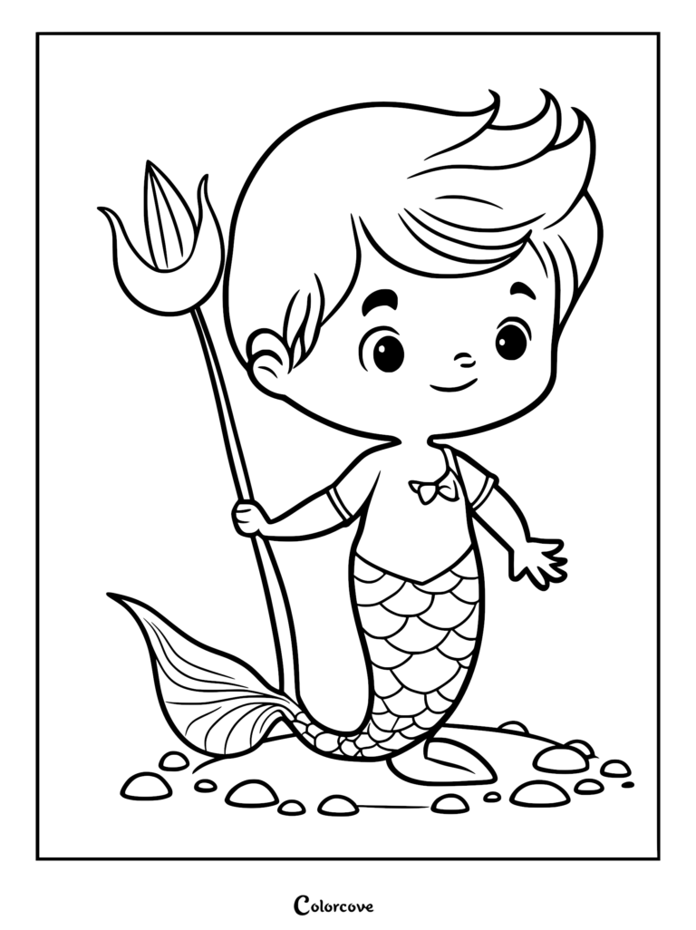 A cute merman holding a trident, standing on a rocky seabed, line art coloring page.
