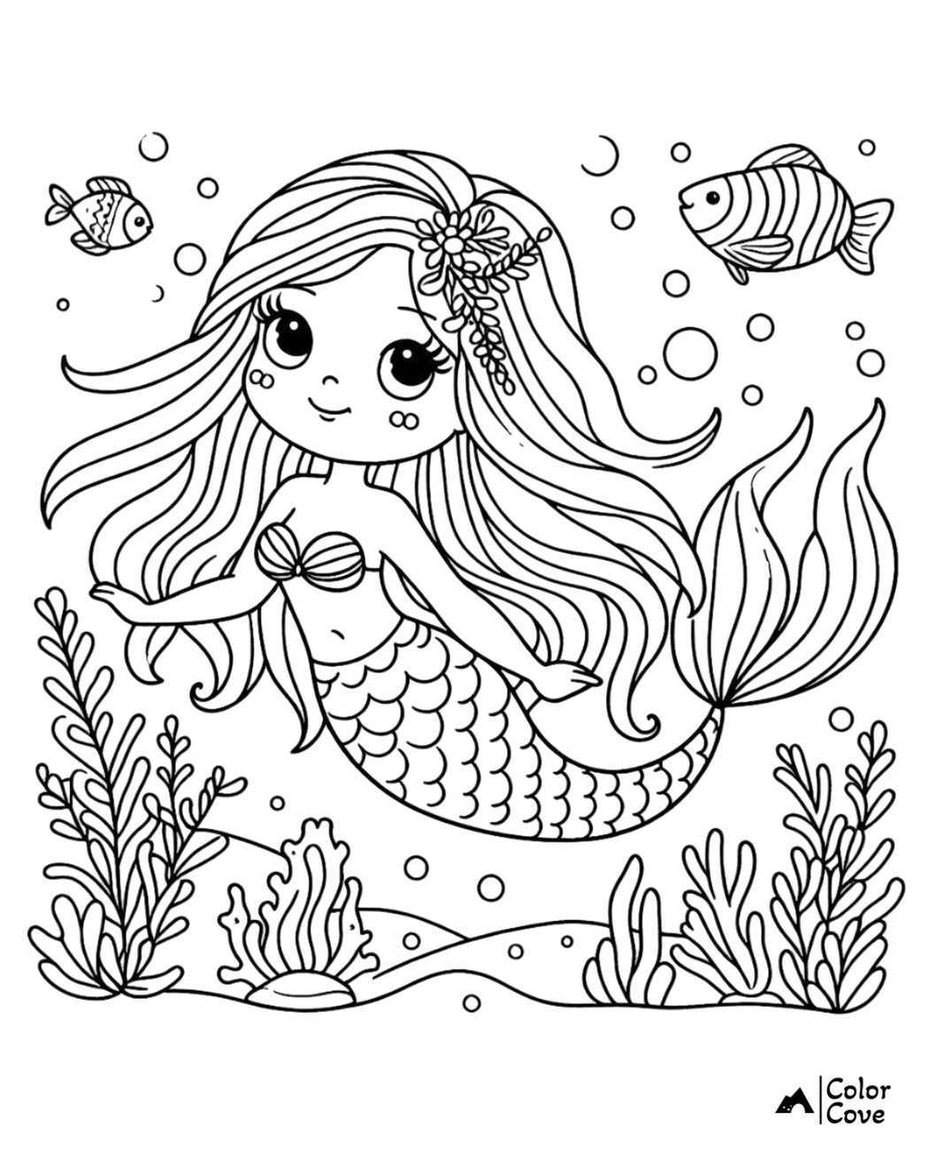 Cute mermaid coloring page featuring an adorable mermaid with flowing hair, surrounded by fish and underwater plants.