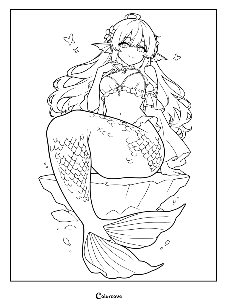 Anime style mermaid with long hair and flower accessory sitting on a rock, coloring page line art.