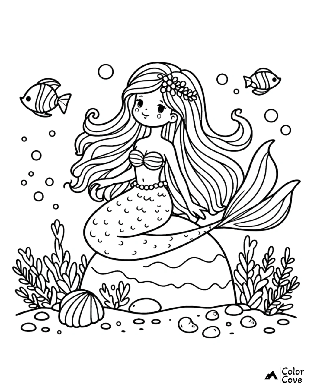 Mermaid coloring page featuring a young mermaid sitting on a rock, surrounded by fish, seaweed, and seashells under the sea.