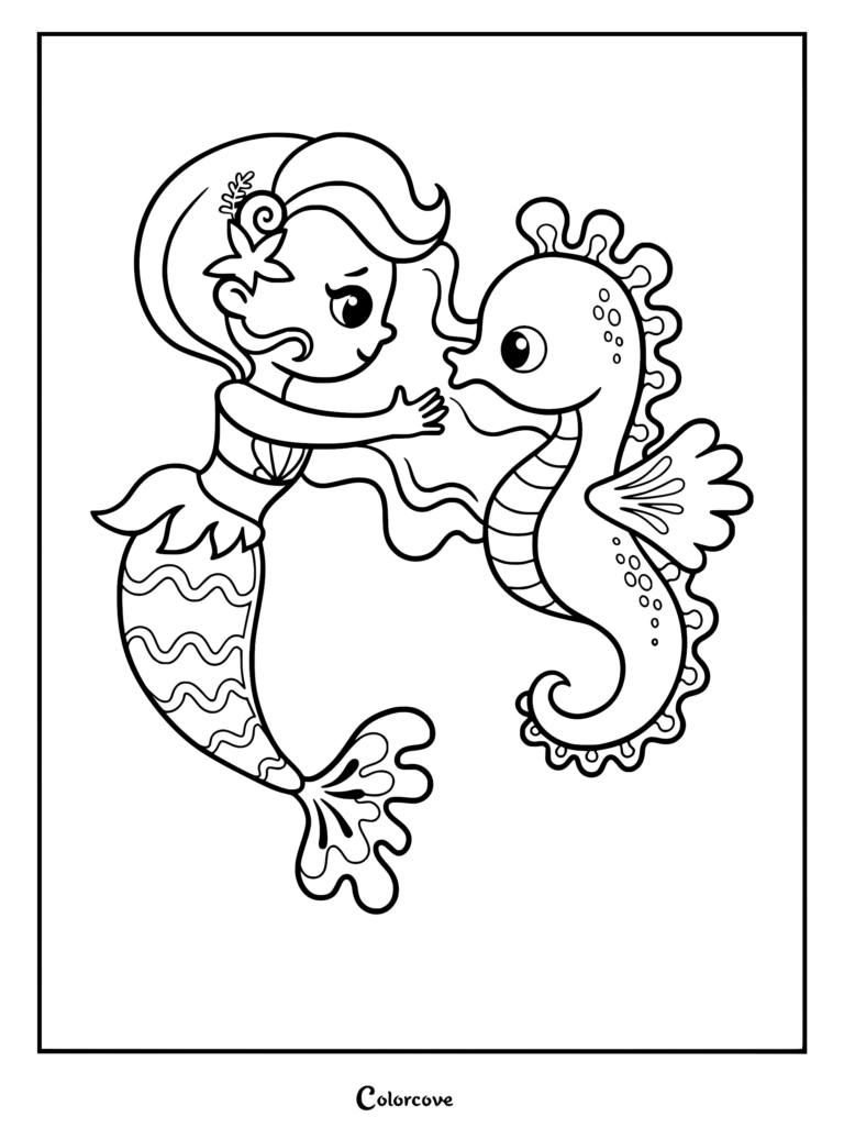 A cute mermaid with a flower in her hair reaching out to a friendly seahorse in this printable coloring page.