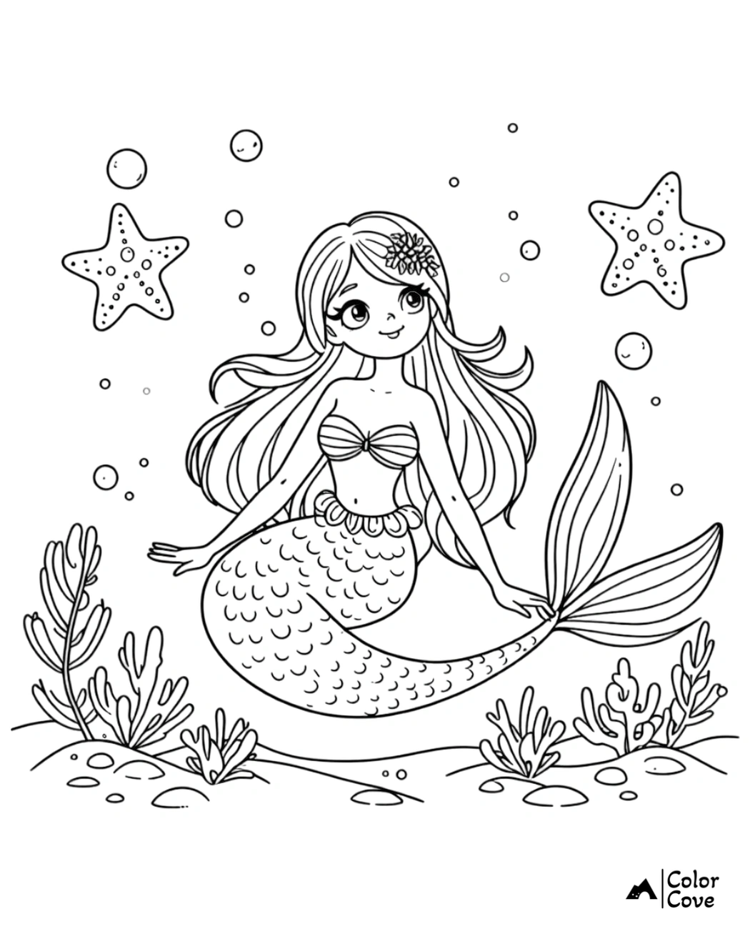 Mermaid coloring page for kids featuring an adorable mermaid surrounded by sea stars and underwater plants.