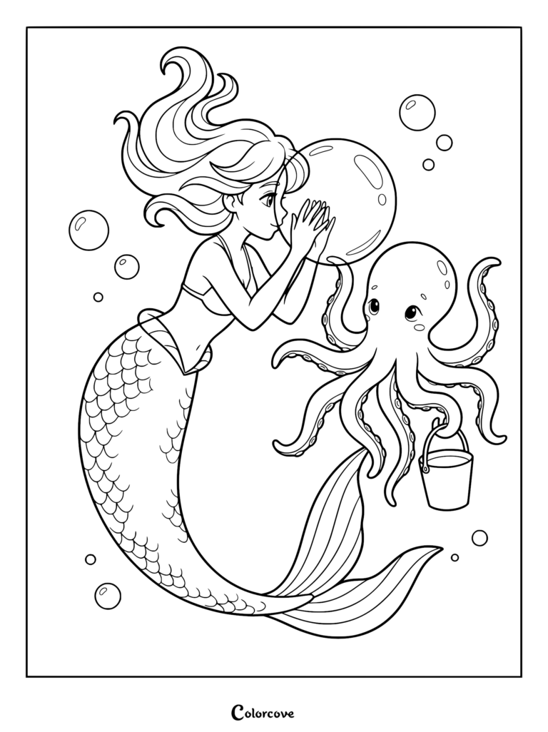 A mermaid holding a large bubble while an octopus holds a small bucket in this printable coloring page.