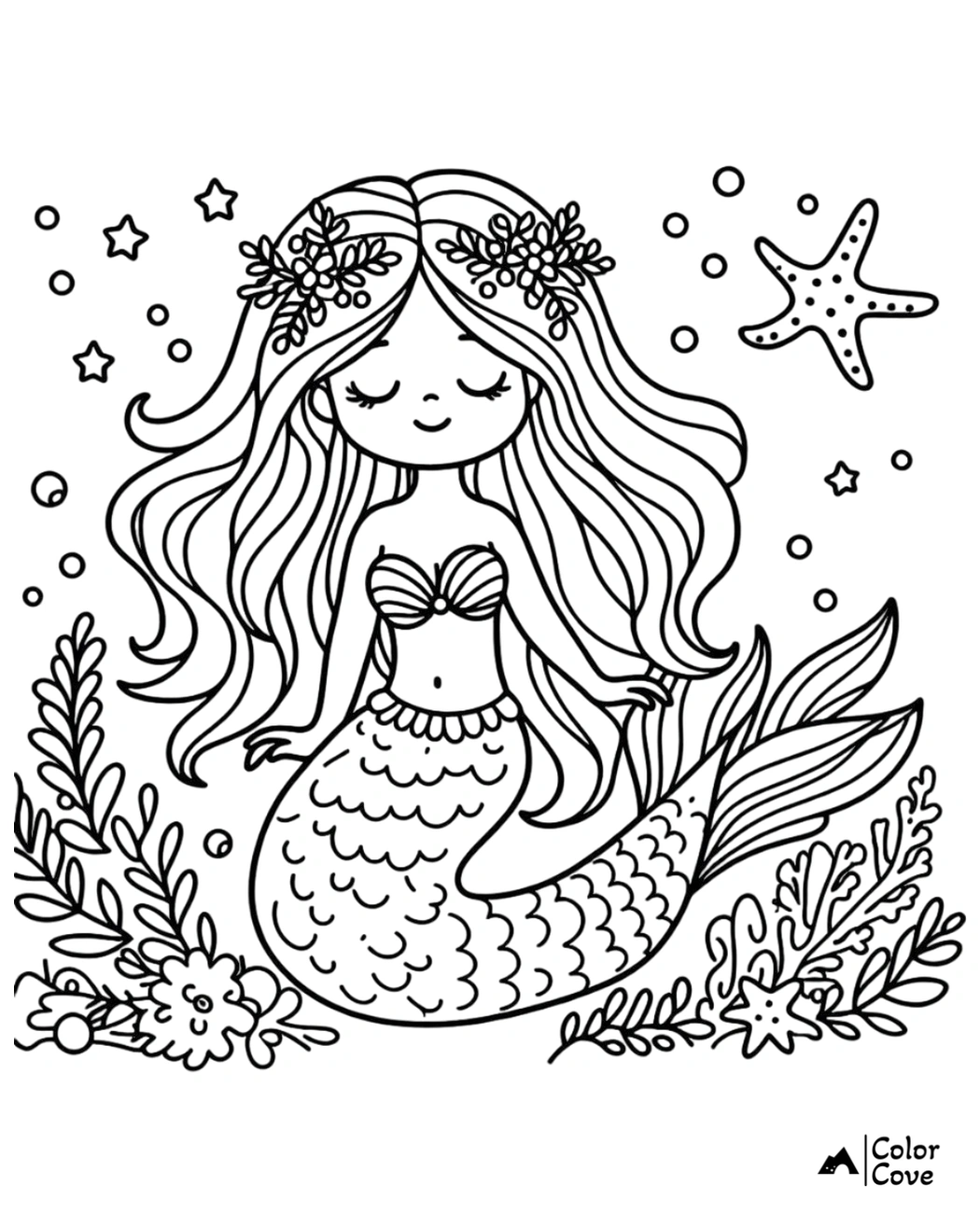 Cute mermaid coloring page with long flowing hair adorned with flowers, surrounded by ocean plants, a starfish, and bubbles.