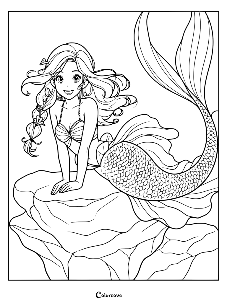 A beautiful mermaid with long flowing hair and a seashell top sitting on a rock, detailed mermaid tail coloring page.