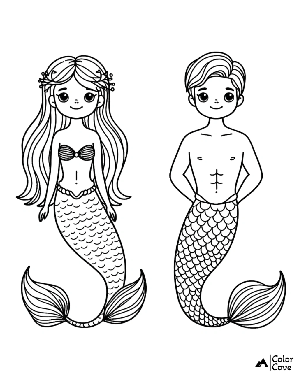 Mermaid and merman coloring page with detailed scales and flowing hair, suitable for kids and adults to color.