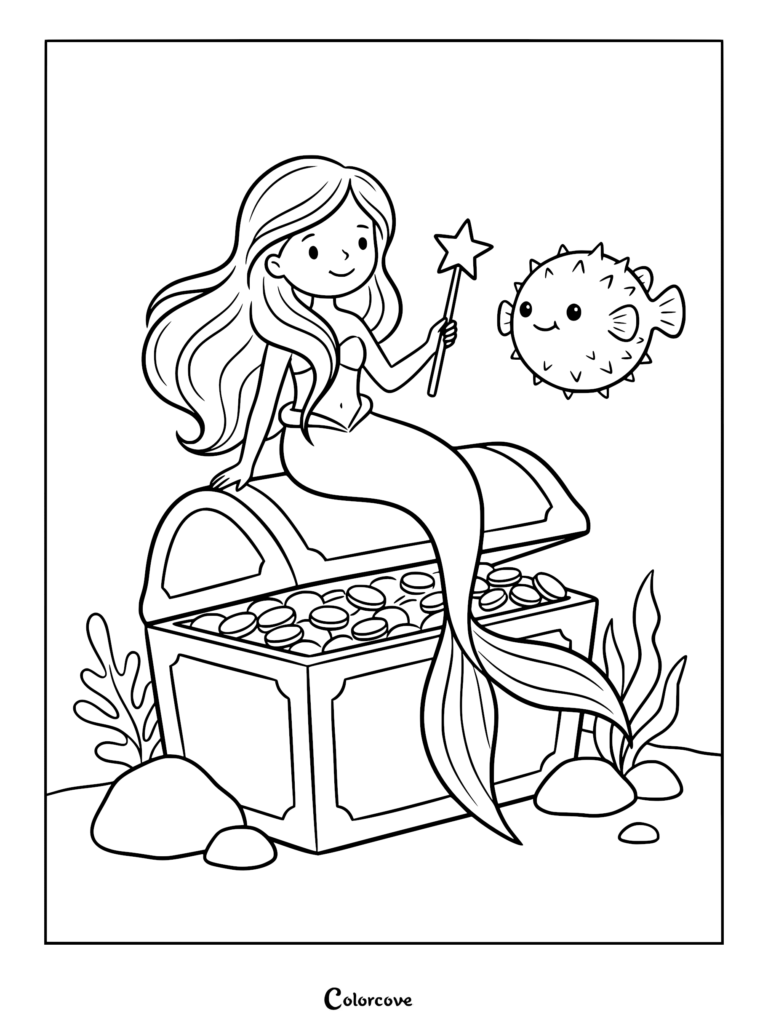 A cute mermaid holding a star wand while sitting on a treasure chest with a smiling pufferfish in this printable coloring page.